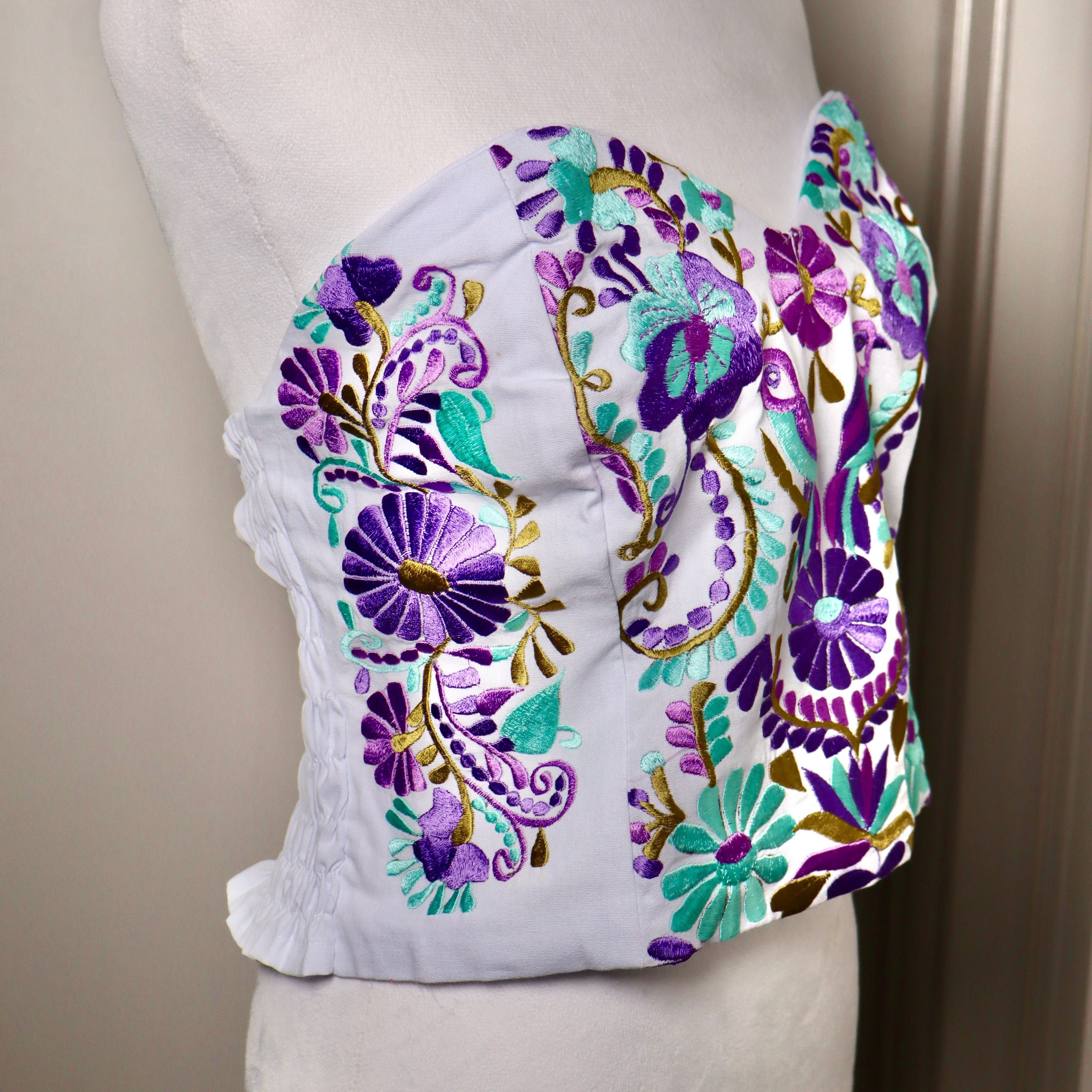 PUEBLA BUSTIER - WHITE W/PURPLE & MINT