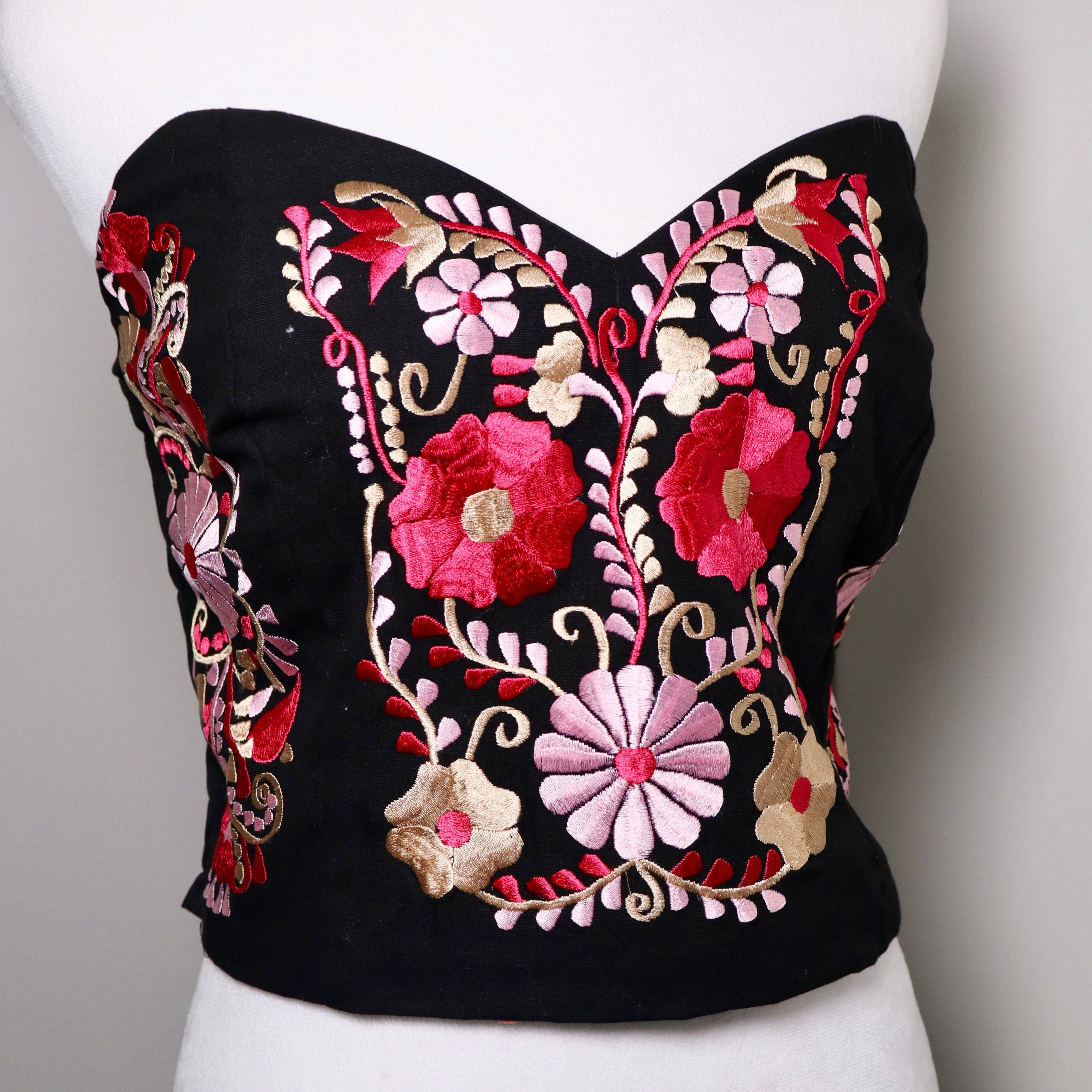 PUEBLA BUSTIER - BLACK W/PNK & GOLD EMBROIDERY