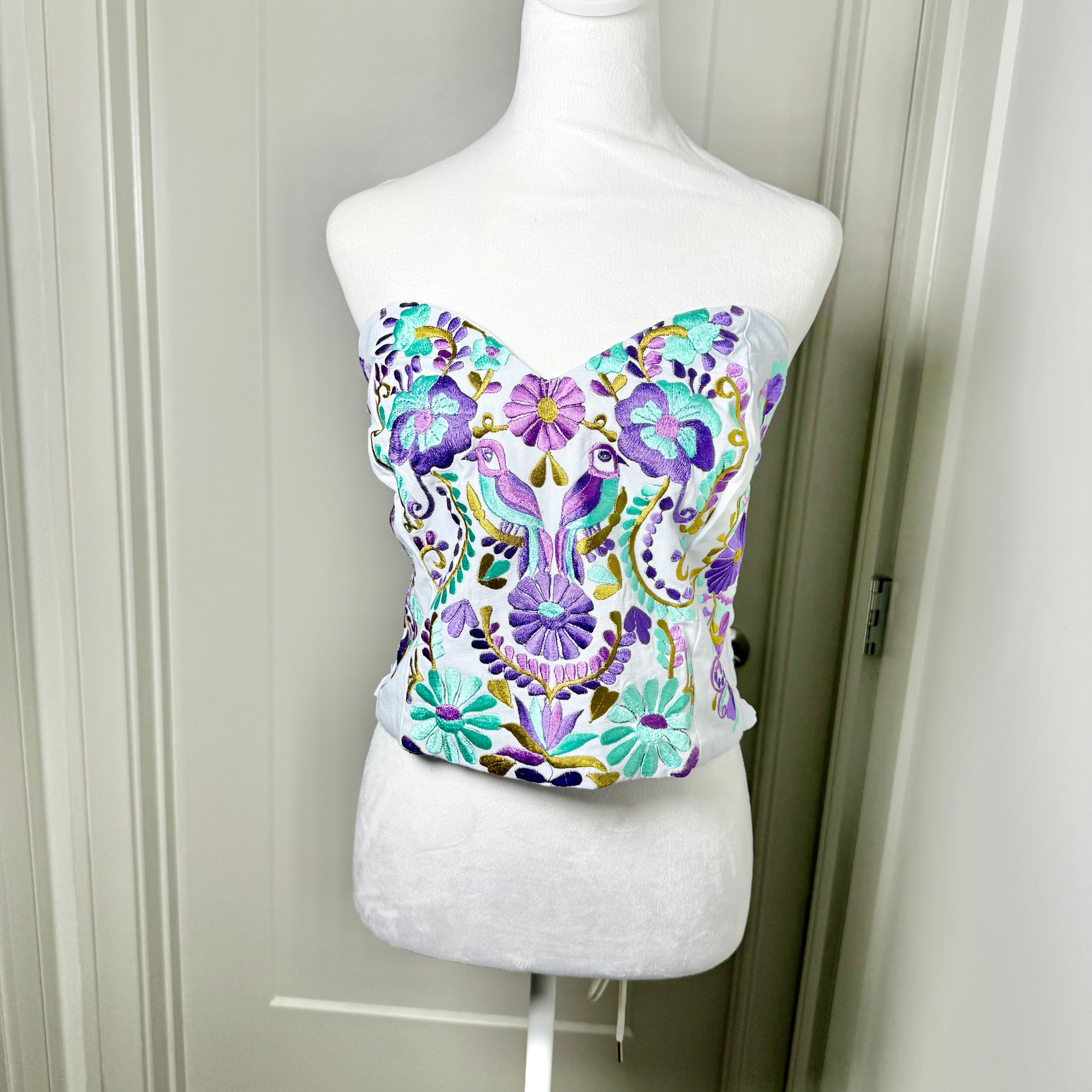 PUEBLA BUSTIER - WHITE W/PURPLE & MINT