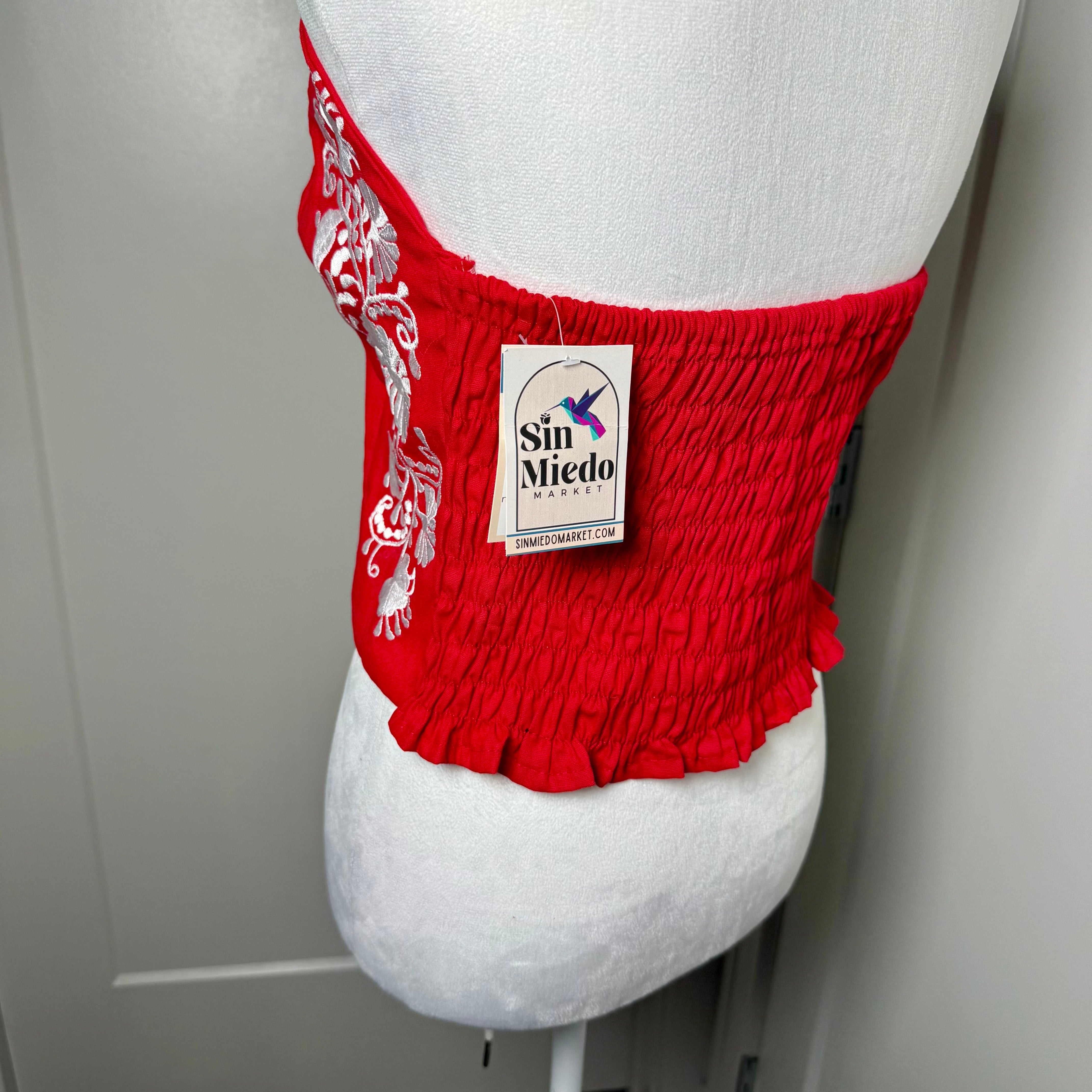 PUEBLA BUSTIER - RED WITH WHITE FLOWERS EMBROIDERY