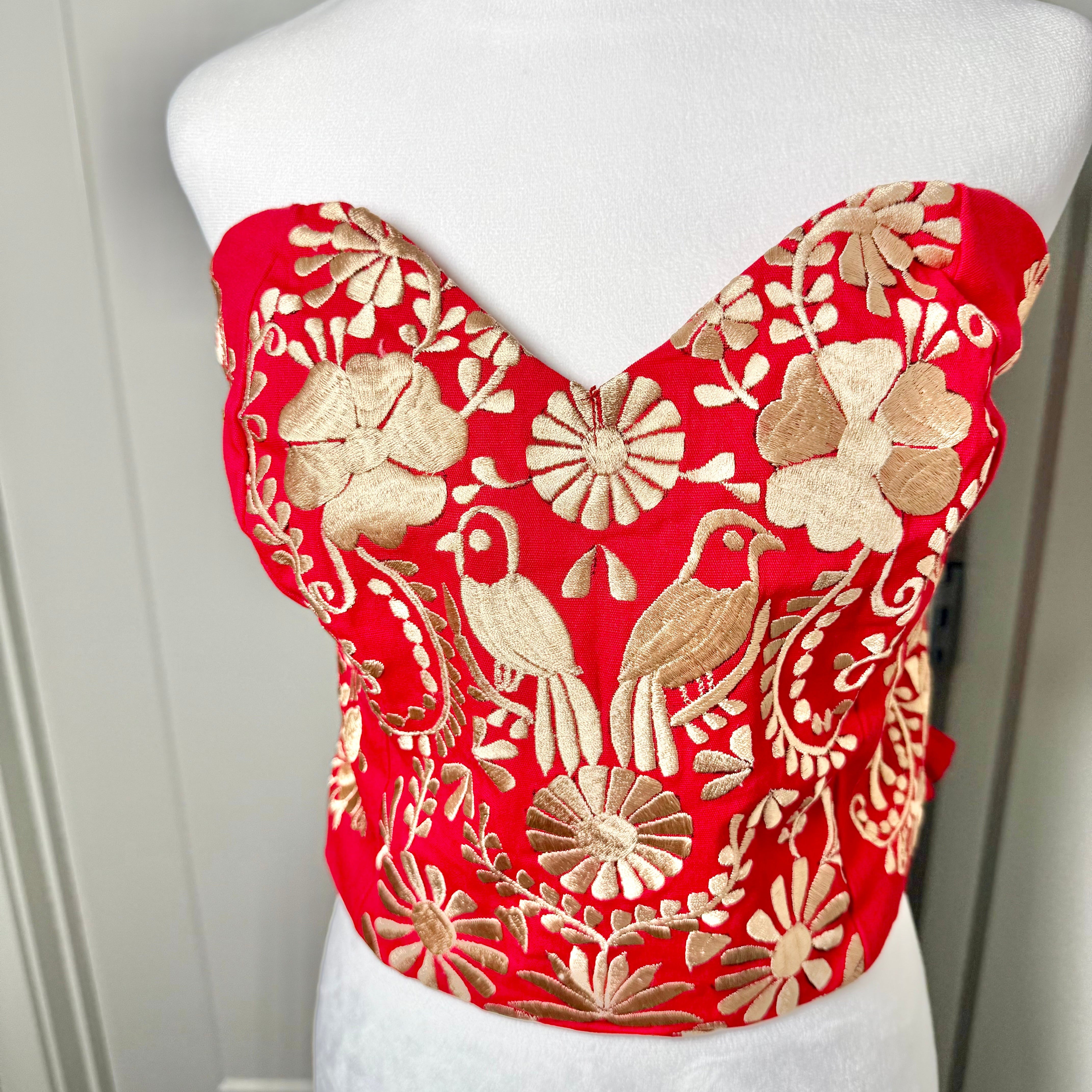 PUEBLA BUSTIER - RED WITH GOLD EMBROIDERY