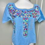 Load image into Gallery viewer, CROPPED PUEBLA BLOUSE - SKY BLUE WITH PNK/BLU
