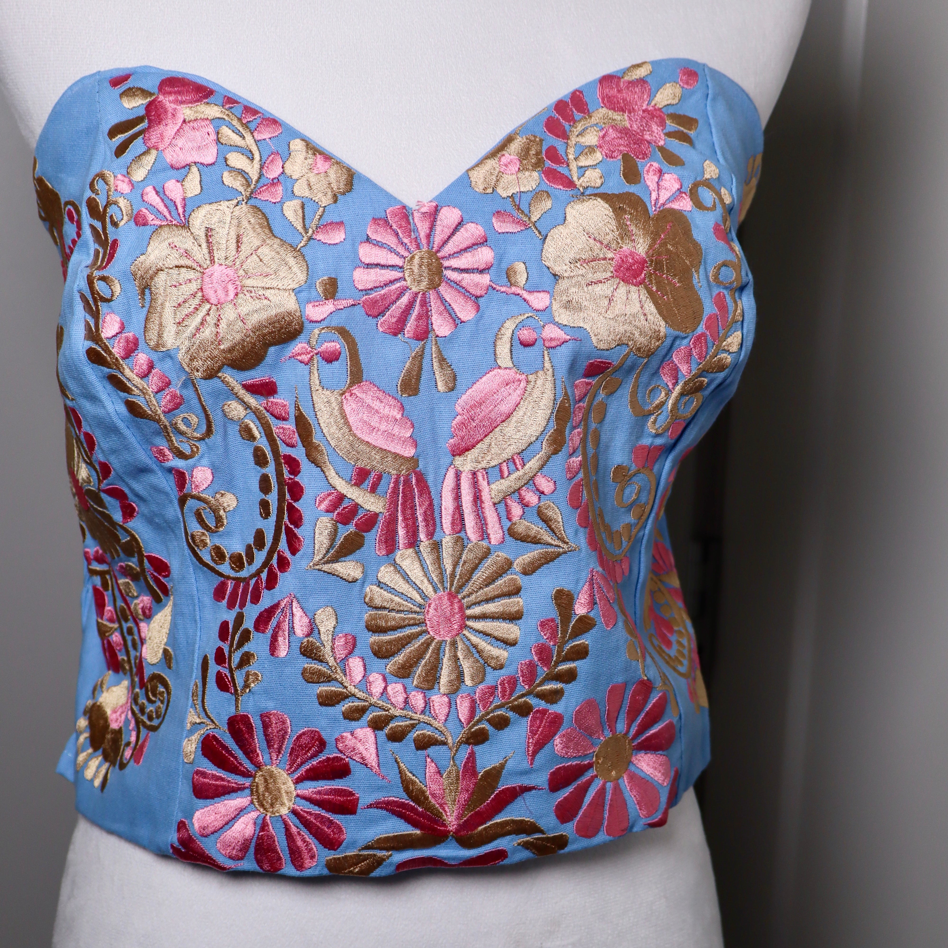 PUEBLA BUSTIER - SKY BLUE WITH PINK & GOLD EMBROIDERY