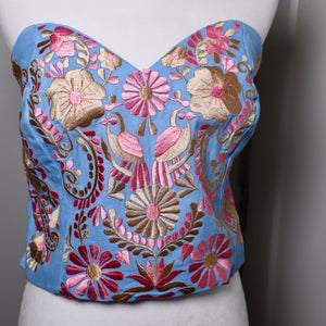 PUEBLA BUSTIER - SKY BLUE WITH PINK & GOLD EMBROIDERY