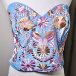 Load image into Gallery viewer, PUEBLA BUSTIER - SKY BLUE WITH *PALE*  PINK &amp; GOLD EMBROIDERY
