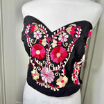Load image into Gallery viewer, PUEBLA BUSTIER - BLACK W/PNK &amp; GOLD EMBROIDERY
