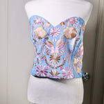 Load image into Gallery viewer, PUEBLA BUSTIER - SKY BLUE WITH *PALE*  PINK &amp; GOLD EMBROIDERY

