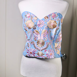 PUEBLA BUSTIER - SKY BLUE WITH *PALE*  PINK & GOLD EMBROIDERY