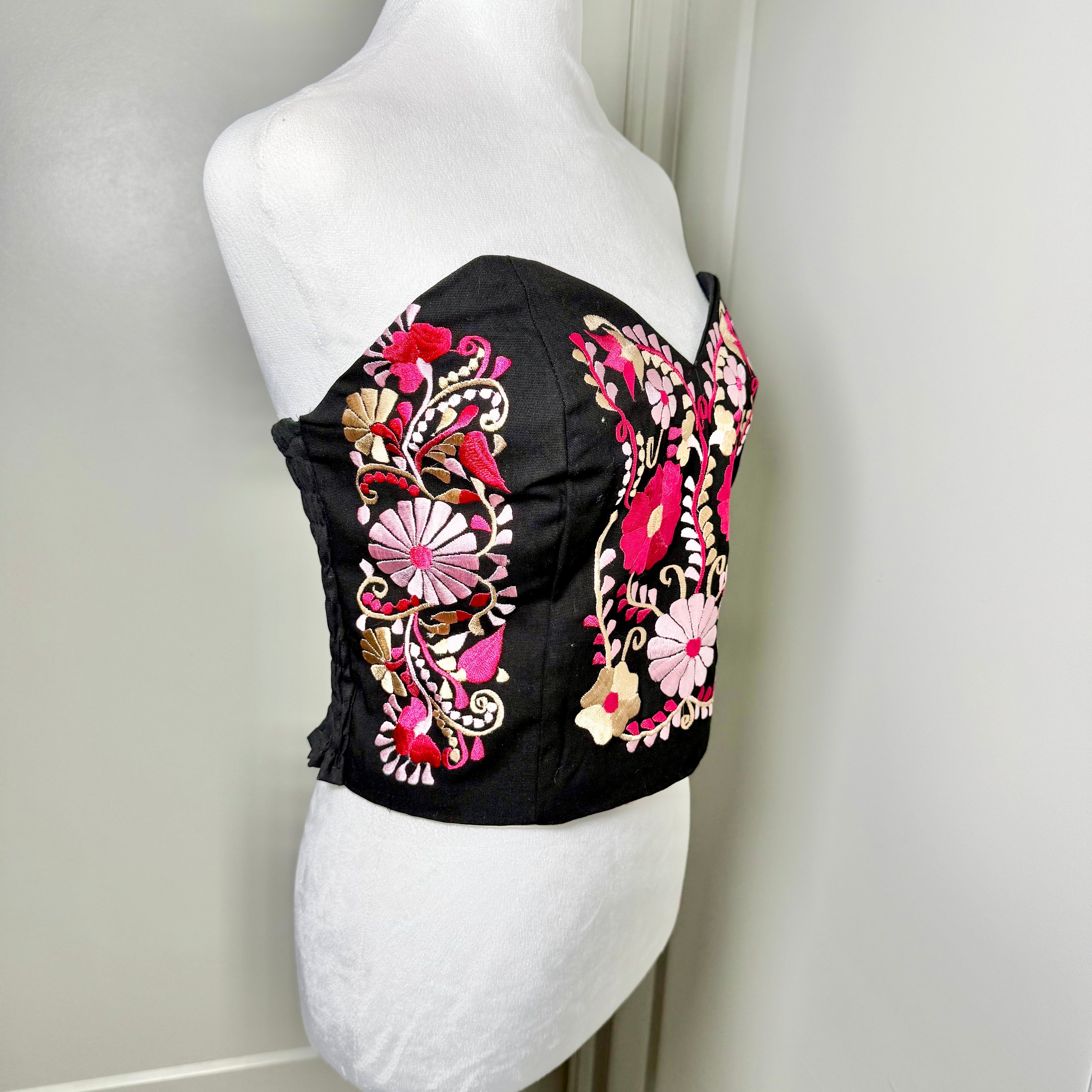 PUEBLA BUSTIER - BLACK W/PNK & GOLD EMBROIDERY