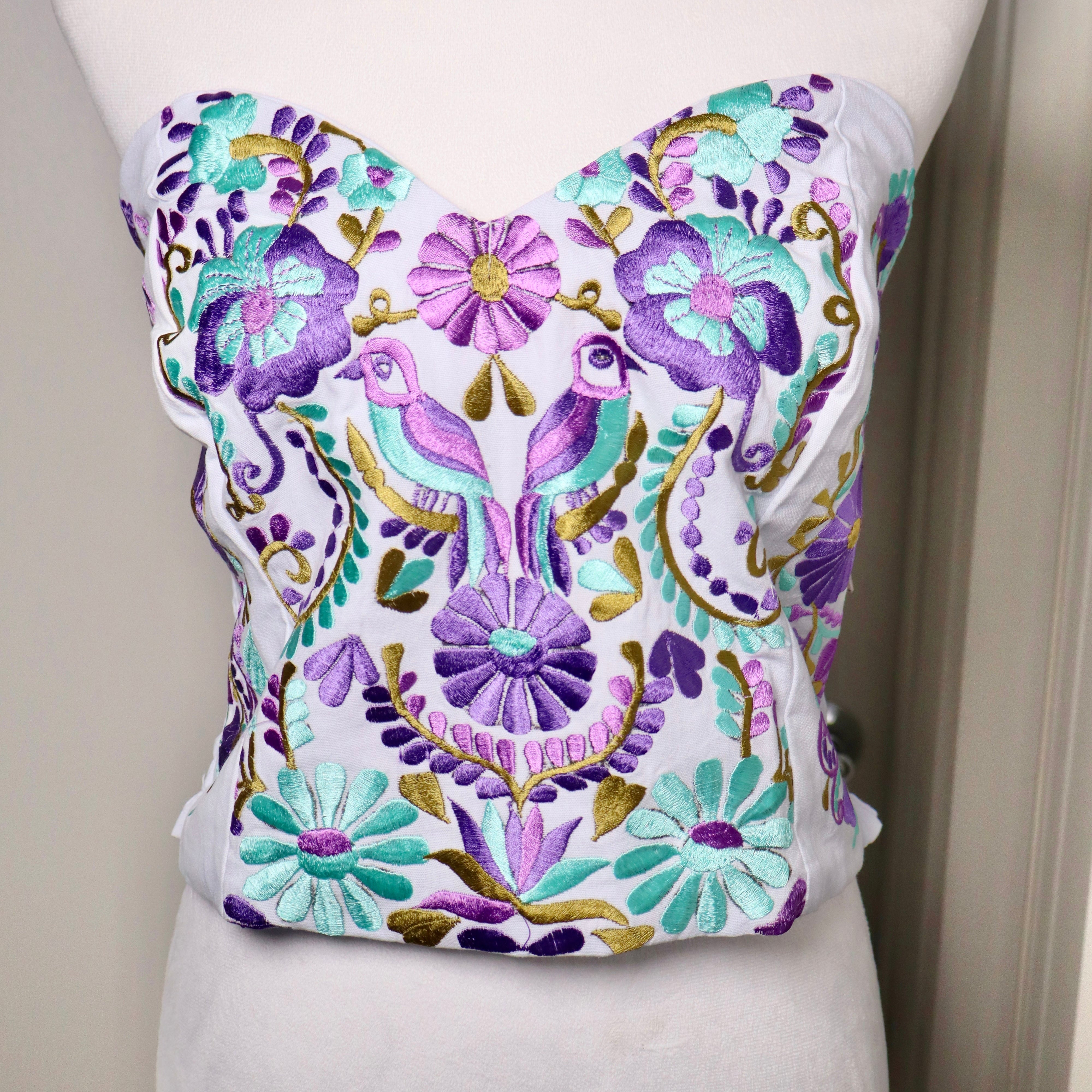 PUEBLA BUSTIER - WHITE W/PURPLE & MINT