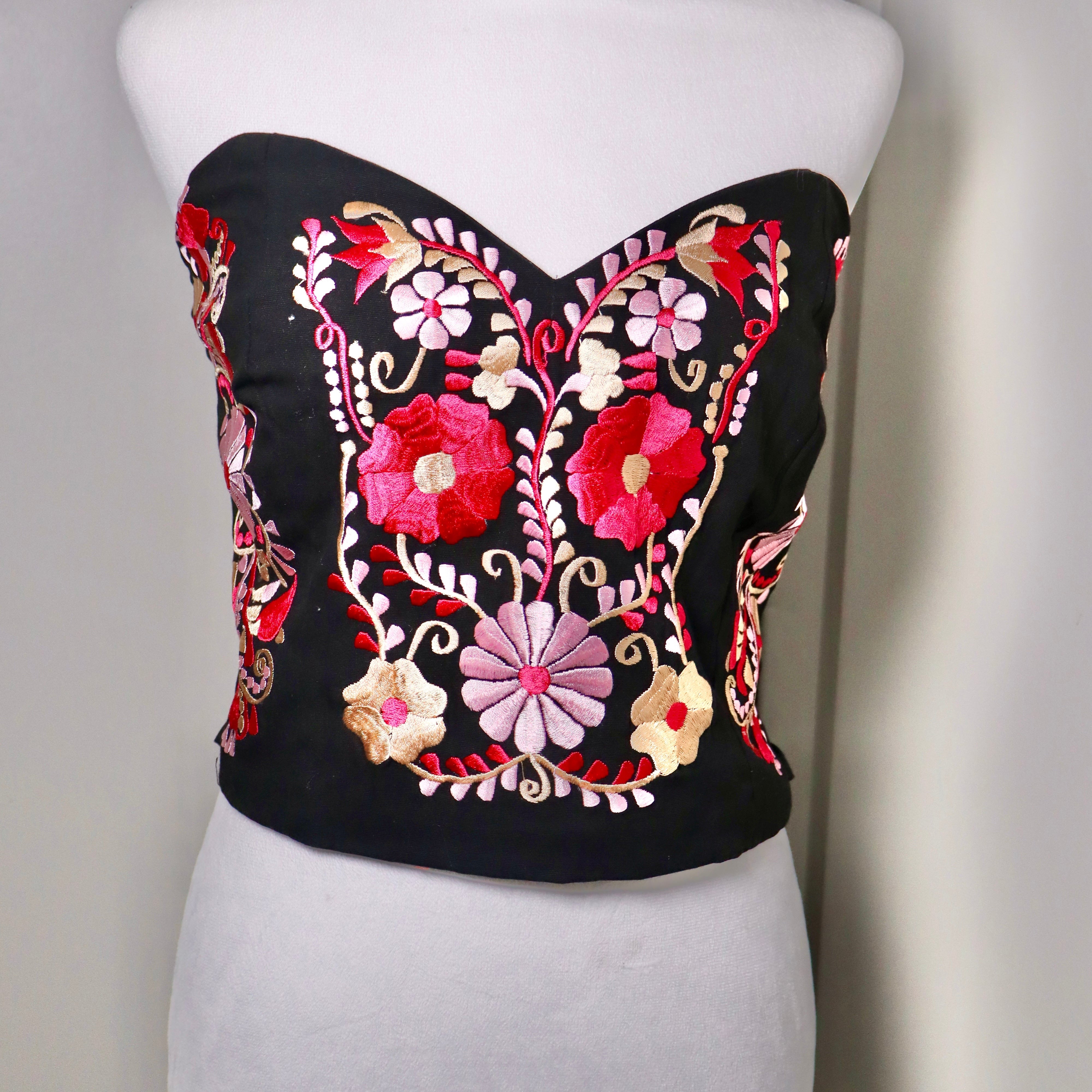 PUEBLA BUSTIER - BLACK W/PNK & GOLD EMBROIDERY