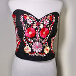 Load image into Gallery viewer, PUEBLA BUSTIER - BLACK W/PNK &amp; GOLD EMBROIDERY
