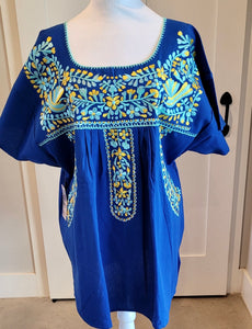 PUEBLA EMBROIDERED BLOUSE -  ROYAL BLUE W/YELLOW & BLUE EMBROIDERY