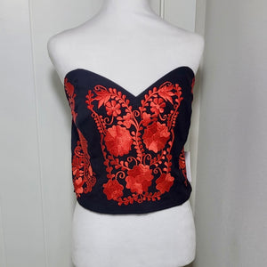 PUEBLA BUSTIER - BLACK WITH RED EMBROIDERY