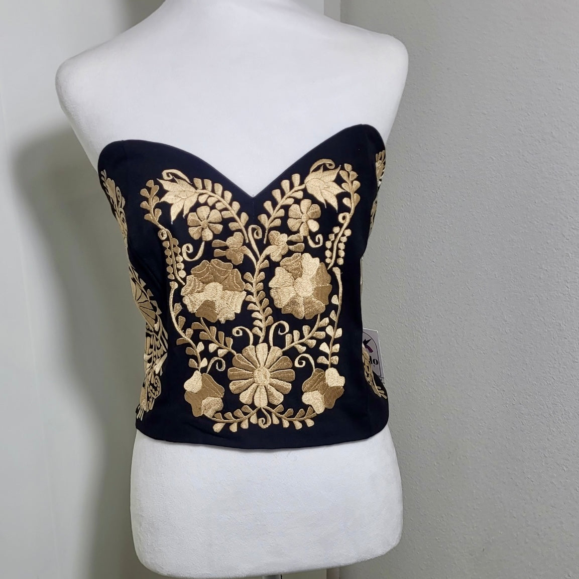 PUEBLA BUSTIER - BLACK WITH BEIGE EMBROIDERY