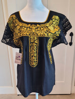 Load image into Gallery viewer, PUEBLA EMBROIDERED BLOUSE -  BLACK WITH GOLD EMBROIDERY
