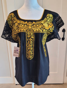 PUEBLA EMBROIDERED BLOUSE -  BLACK WITH GOLD EMBROIDERY