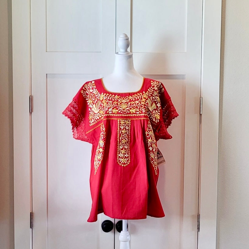 PUEBLA BLOUSE - MEXICAN EMBROIDERED BLOUSE - CRIMSON