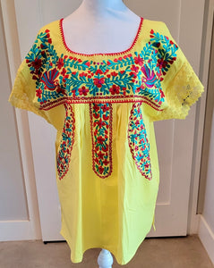 PUEBLA EMBROIDERED BLOUSE -  YELLOW WITH TEAL AND MAGENTA EMBROIDERY