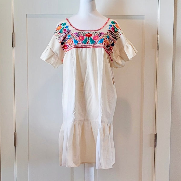 RAMIREZ DRESS - MEXICAN EMBROIDERED DRESS - NATURAL - MULTI