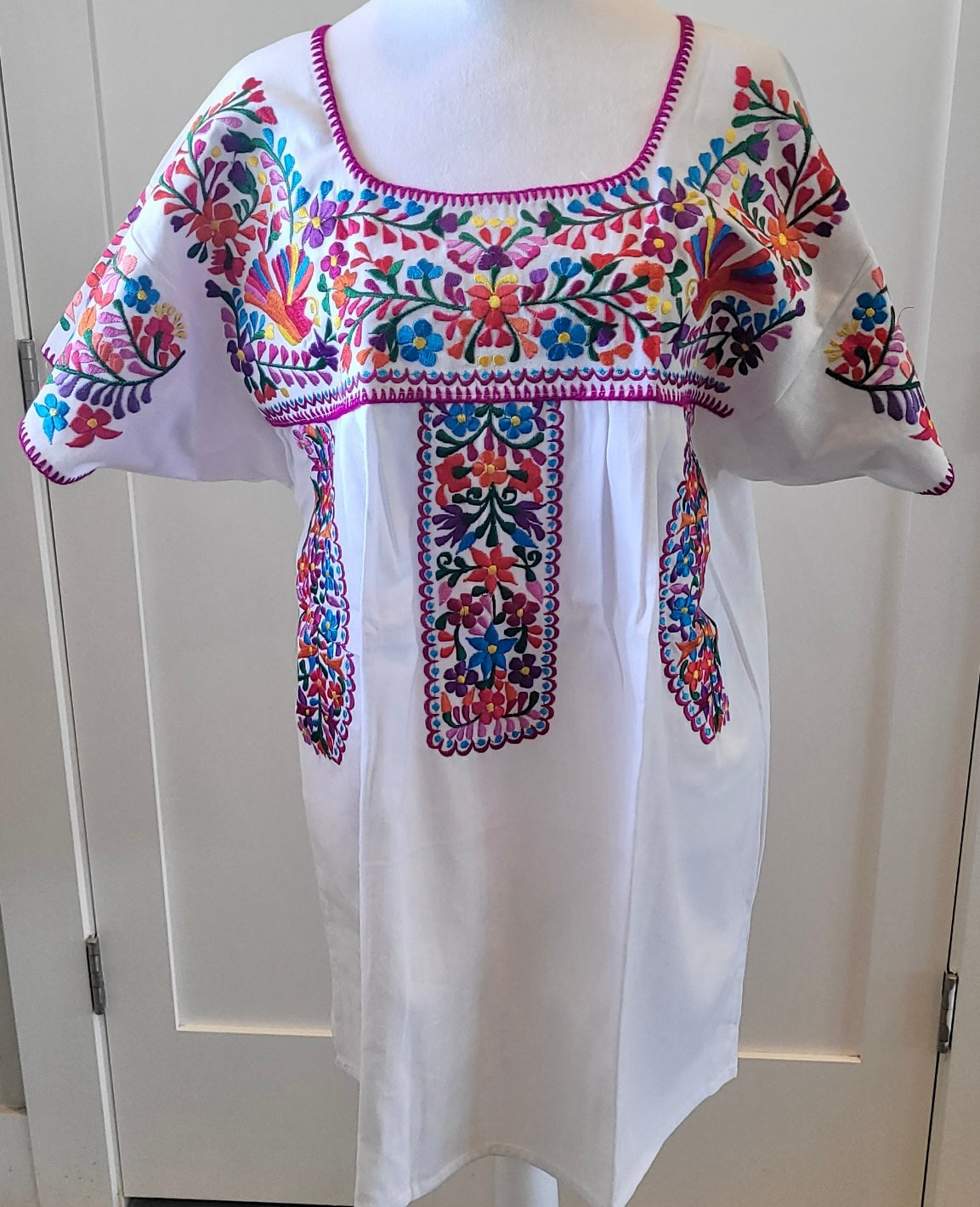 PUEBLA FIESTA BLOUSE - WHITE WITH MULTI COLOR EMBROIDERY