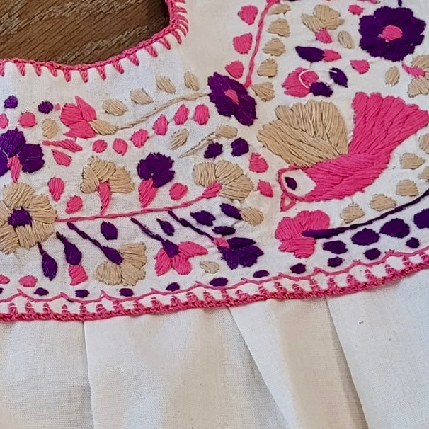 RAMIREZ DRESS - MEXICAN EMBROIDERED DRESS - NATURAL - PINK/PURPLE