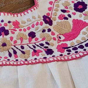 RAMIREZ DRESS - MEXICAN EMBROIDERED DRESS - NATURAL - PINK/PURPLE