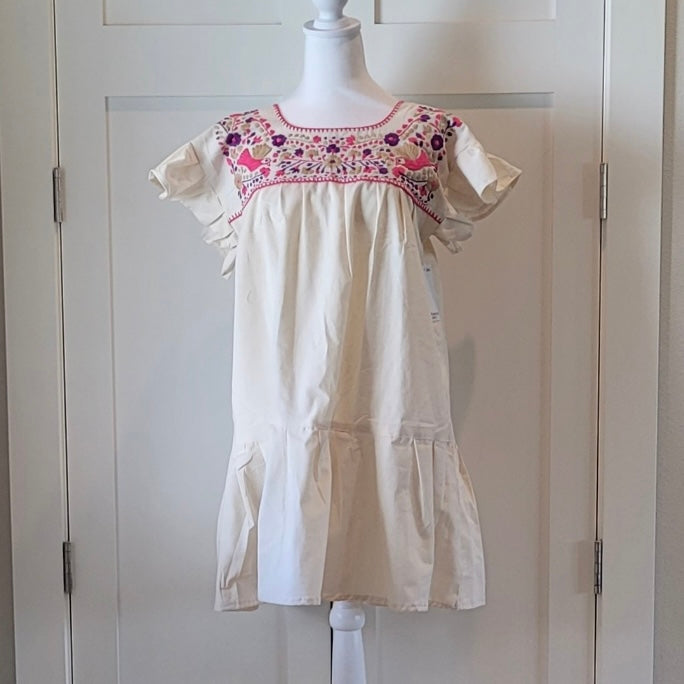 RAMIREZ DRESS - MEXICAN EMBROIDERED DRESS - NATURAL - PINK/PURPLE