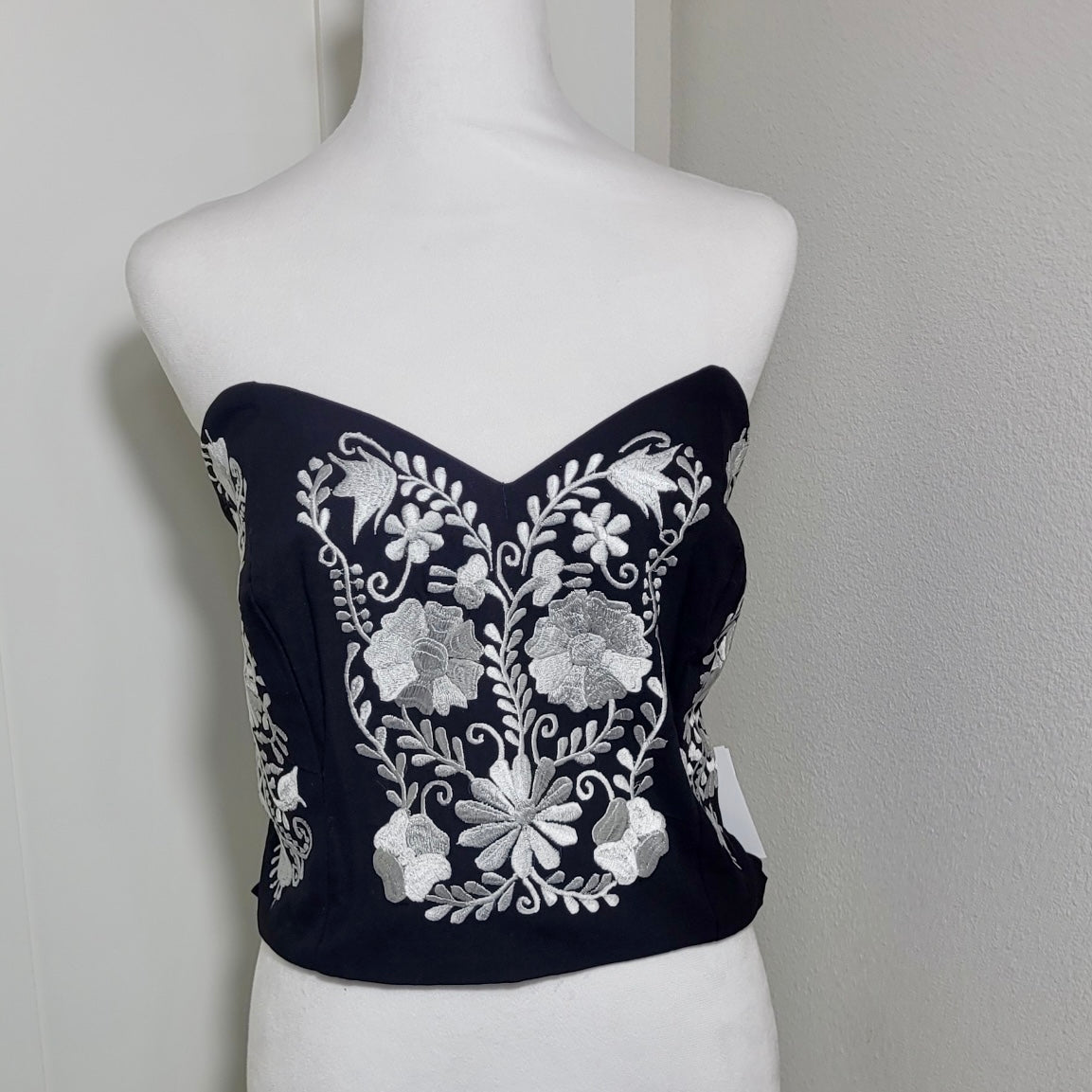 PUEBLA BUSTIER - BLACK WITH GREY EMBROIDERY