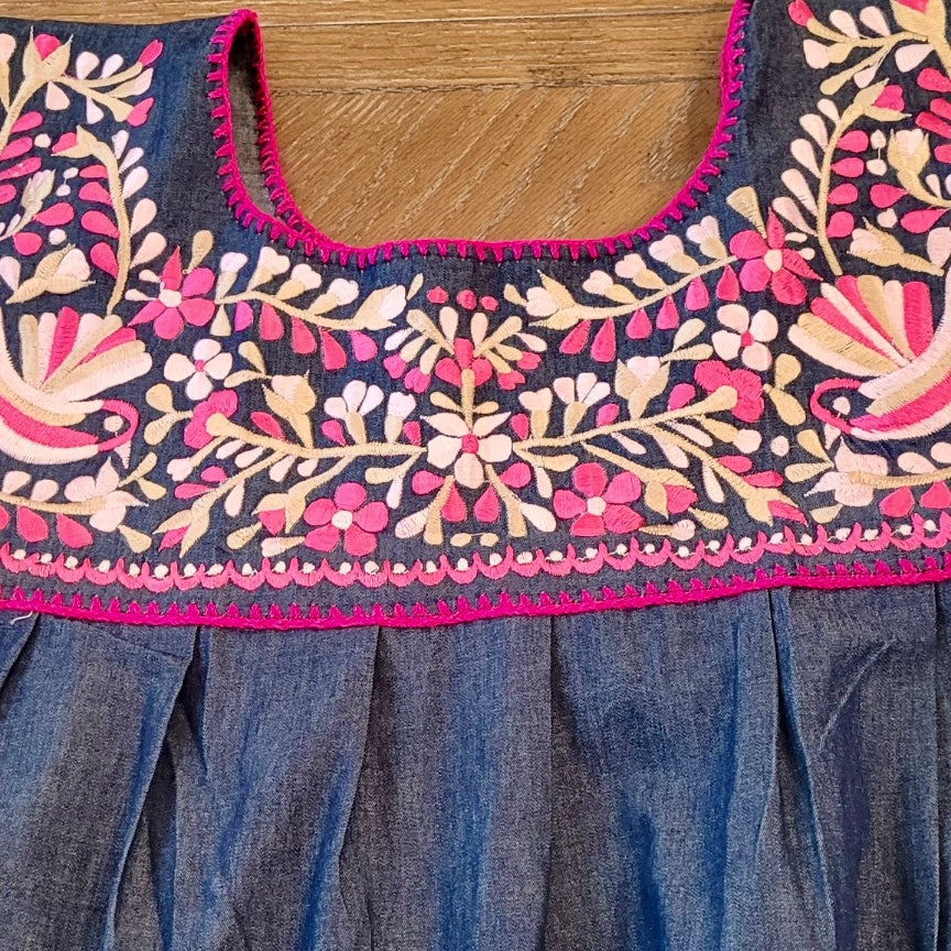 RAMIREZ DRESS - JEAN WITH PINK EMBROIDERY