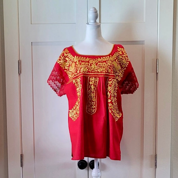 PUEBLA BLOUSE - MEXICAN EMBROIDERED BLOUSE - RUBY