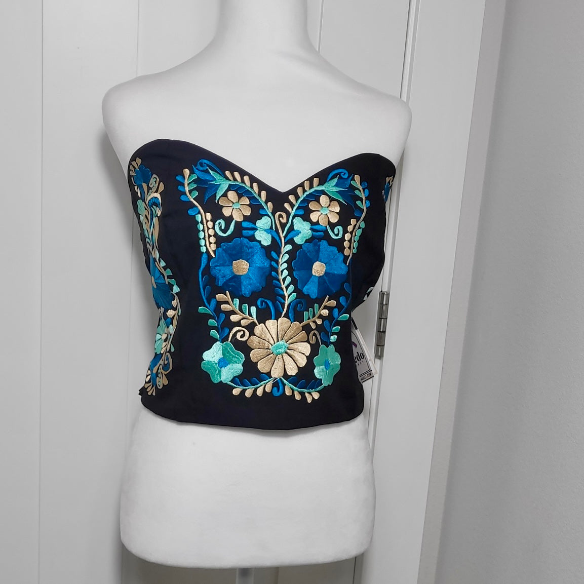 PUEBLA BUSTIER - BLACK WITH TEAL EMBROIDERY