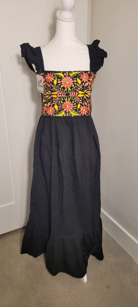DAISY DRESS -MEXICAN EMBROIDERED DRESS -BLACK W/ SALMON & YELLOW Sin Miedo Market DAISY DRESS -MEXICAN EMBROIDERED DRESS -BLACK W/ SALMON & YELLOW Sin Miedo Market