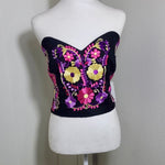 Load image into Gallery viewer, PUEBLA BUSTIER - BLACK WITH PINK &amp; PURPLE EMBROIDERY
