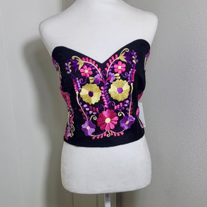 PUEBLA BUSTIER - BLACK WITH PINK & PURPLE EMBROIDERY