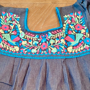 COLIBRI JEAN DRESS - MEXICAN EMBROIDERED DRESS - PINK/BLUE