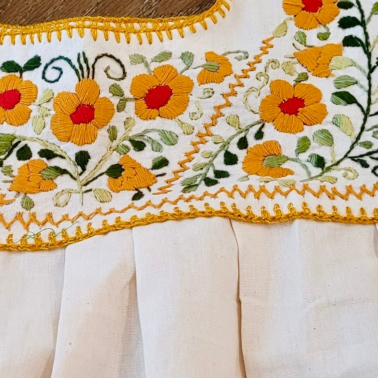 RAMIREZ DRESS - MEXICAN EMBROIDERED DRESS - NATURAL - YELLOW DAISY