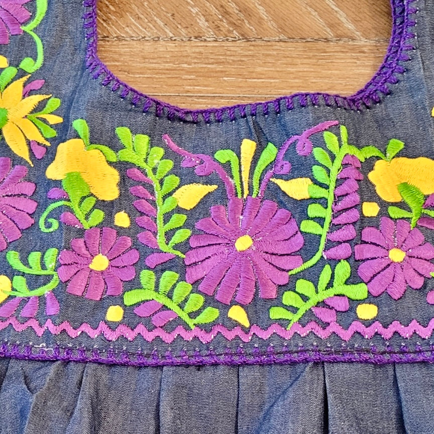 FANCY COLIBRI JEAN DRESS - MEXICAN EMBROIDERED DRESS - YELLOW/PURPLE