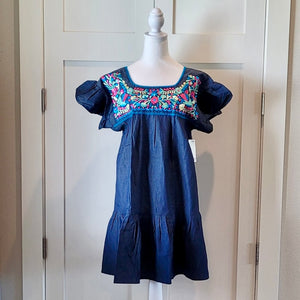 COLIBRI JEAN DRESS - MEXICAN EMBROIDERED DRESS - PINK/BLUE