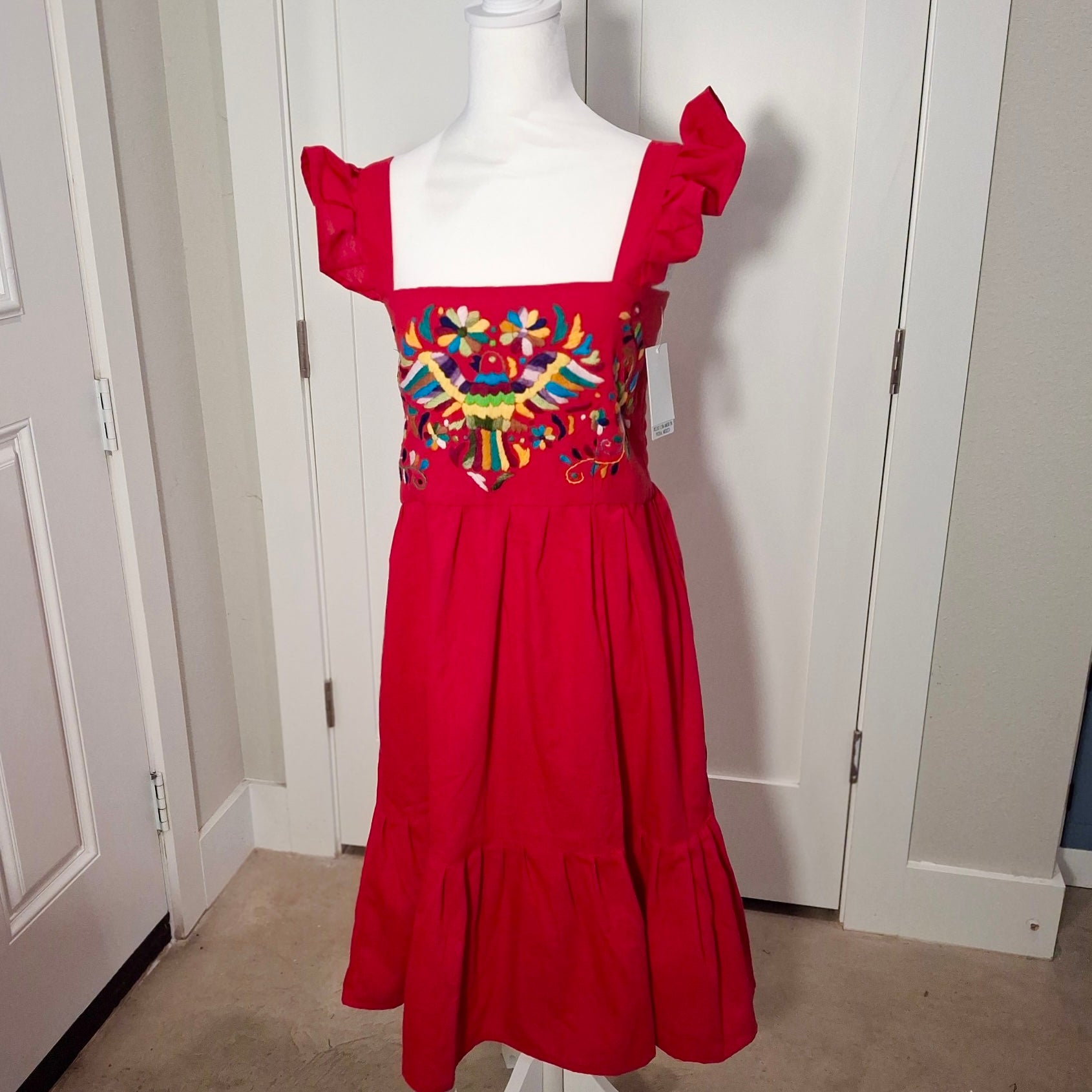 OTOMI HAND EMBROIDERED DRESS - RED WITH PALOMA OTOMI HAND EMBROIDERED DRESS - RED WITH PALOMA
