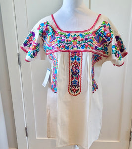 PUEBLA FIESTA BLOUSE - NATURAL WITH MULTI EMBROIDERY