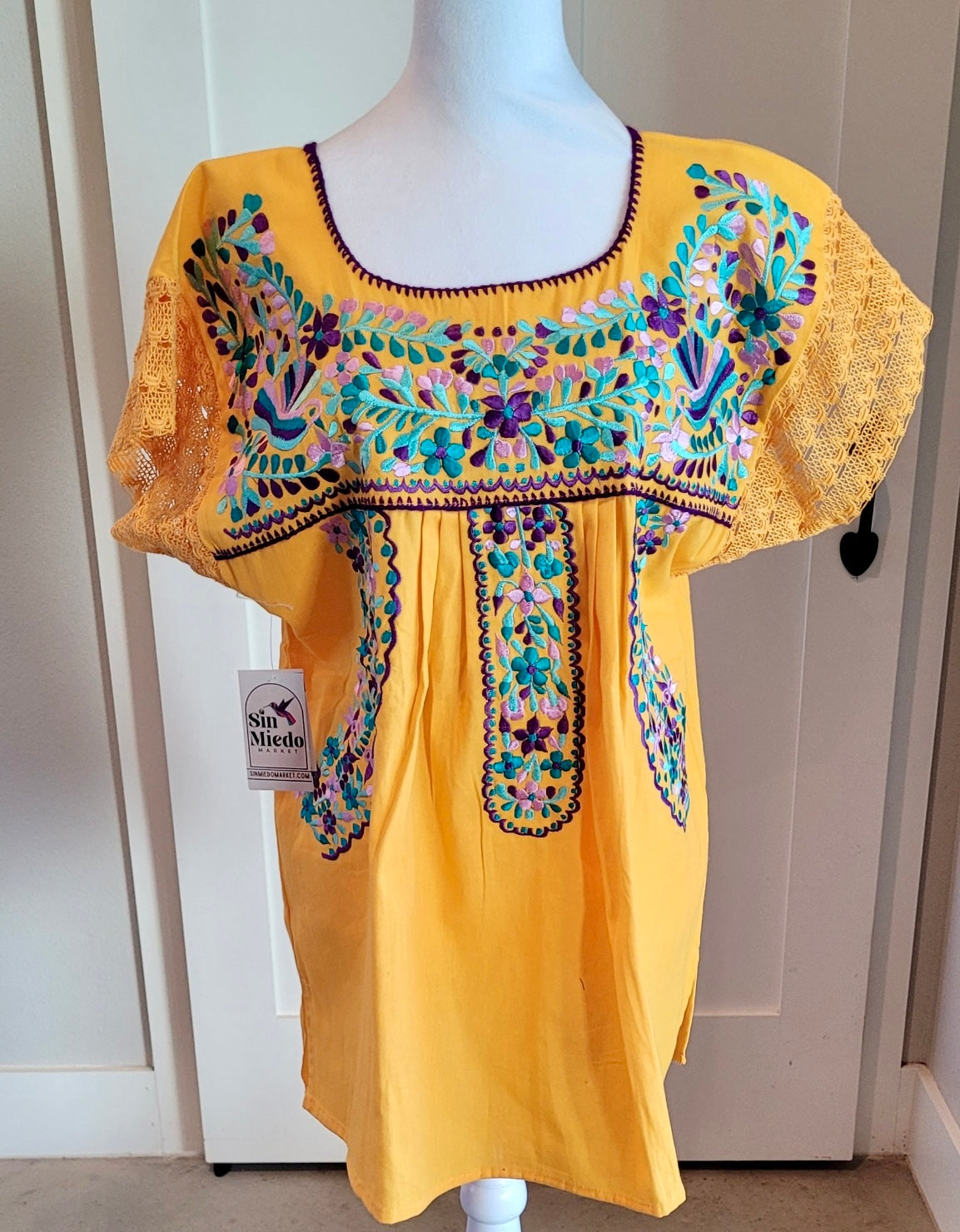 PUEBLA EMBROIDERED BLOUSE -  YELLOW WITH TEAL AND PURPLE EMBROIDERY