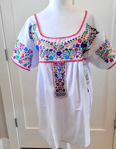 HAND EMBROIDERED PUEBLA FIESTA BLOUSE - WHITE WITH MULTI EMBROIDERY