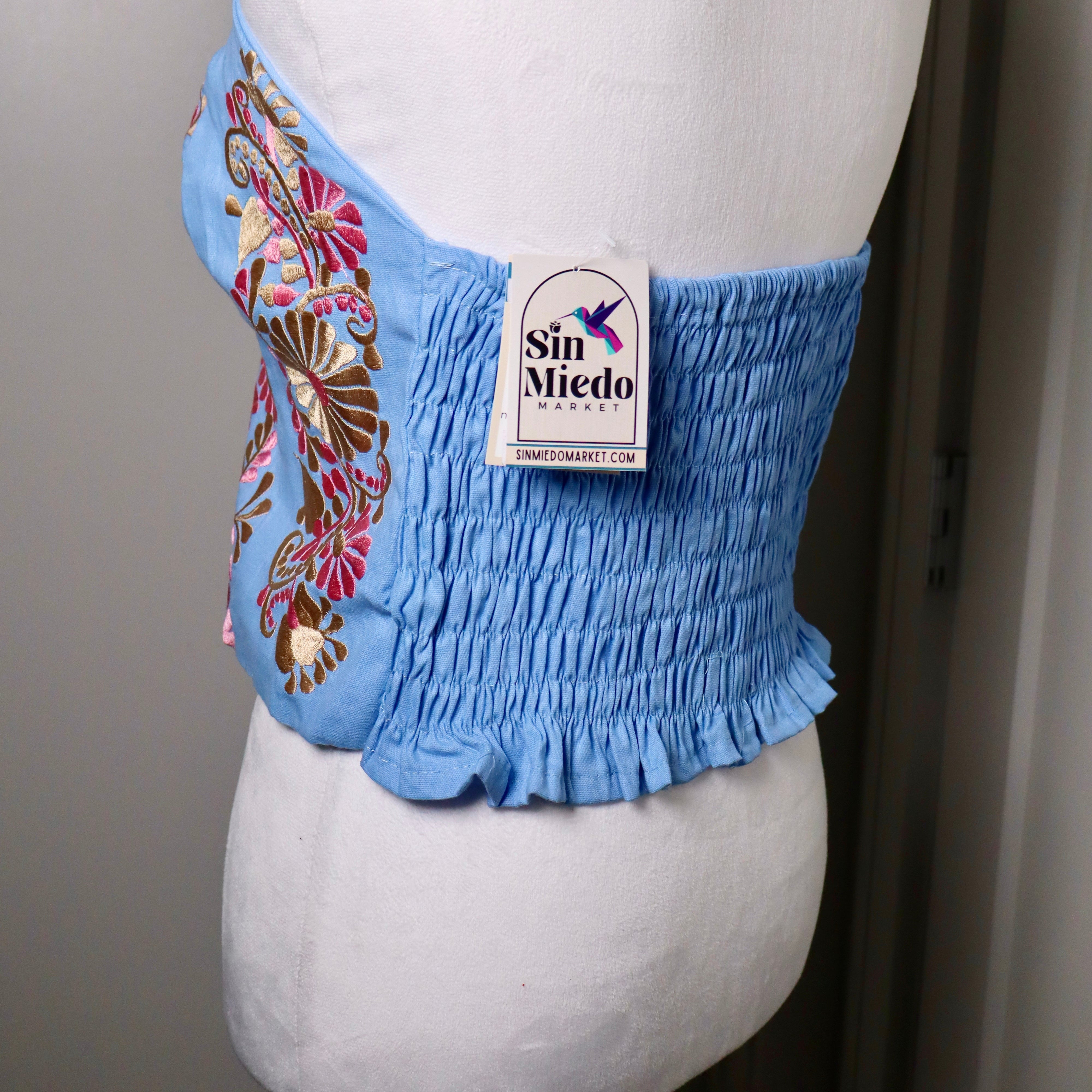 PUEBLA BUSTIER - SKY BLUE WITH *PALE*  PINK & GOLD EMBROIDERY