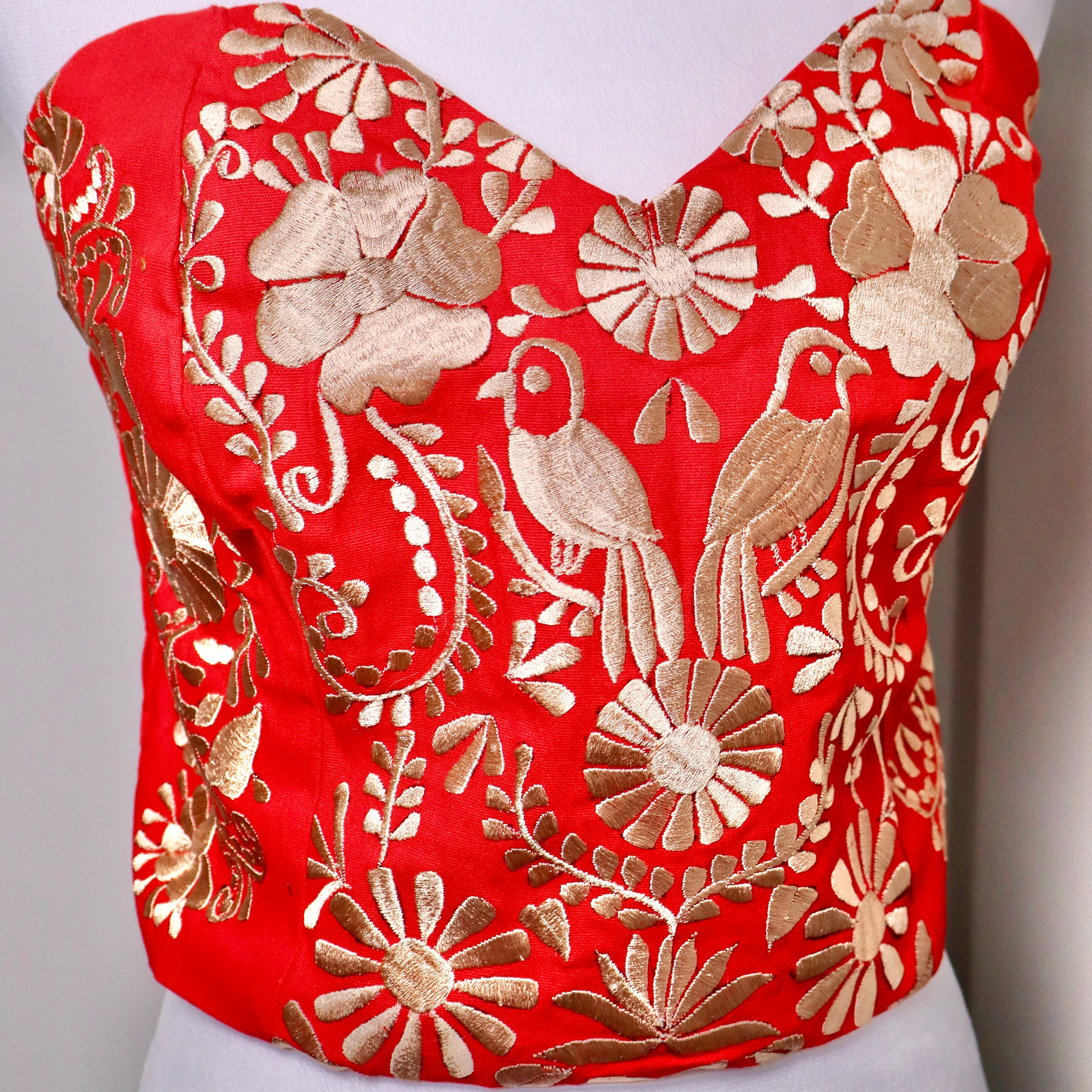 PUEBLA BUSTIER - RED WITH GOLD EMBROIDERY