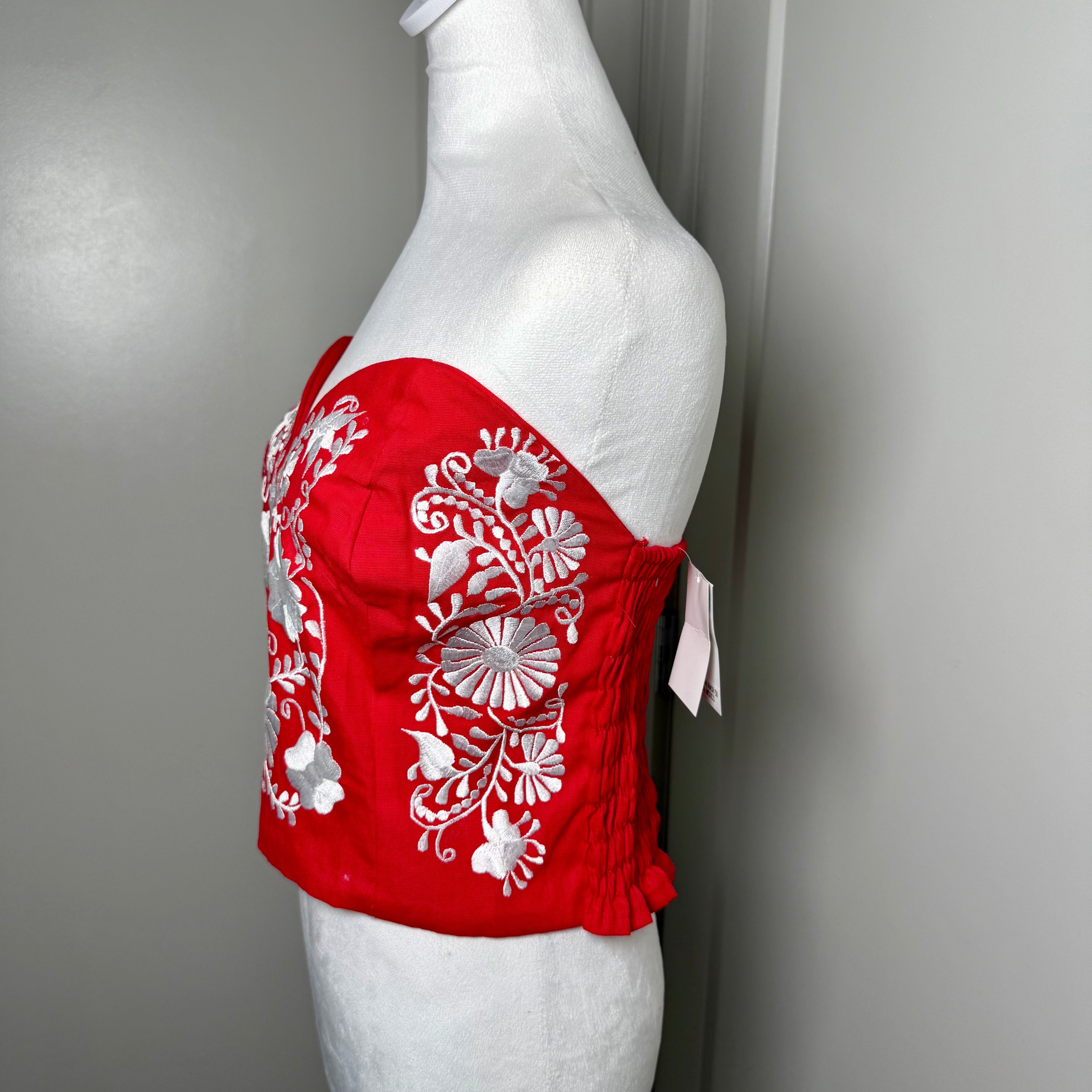PUEBLA BUSTIER - RED WITH WHITE FLOWERS EMBROIDERY