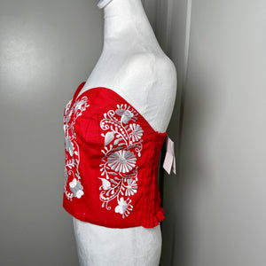 PUEBLA BUSTIER - RED WITH WHITE FLOWERS EMBROIDERY