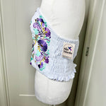 Load image into Gallery viewer, PUEBLA BUSTIER - WHITE W/PURPLE &amp; MINT
