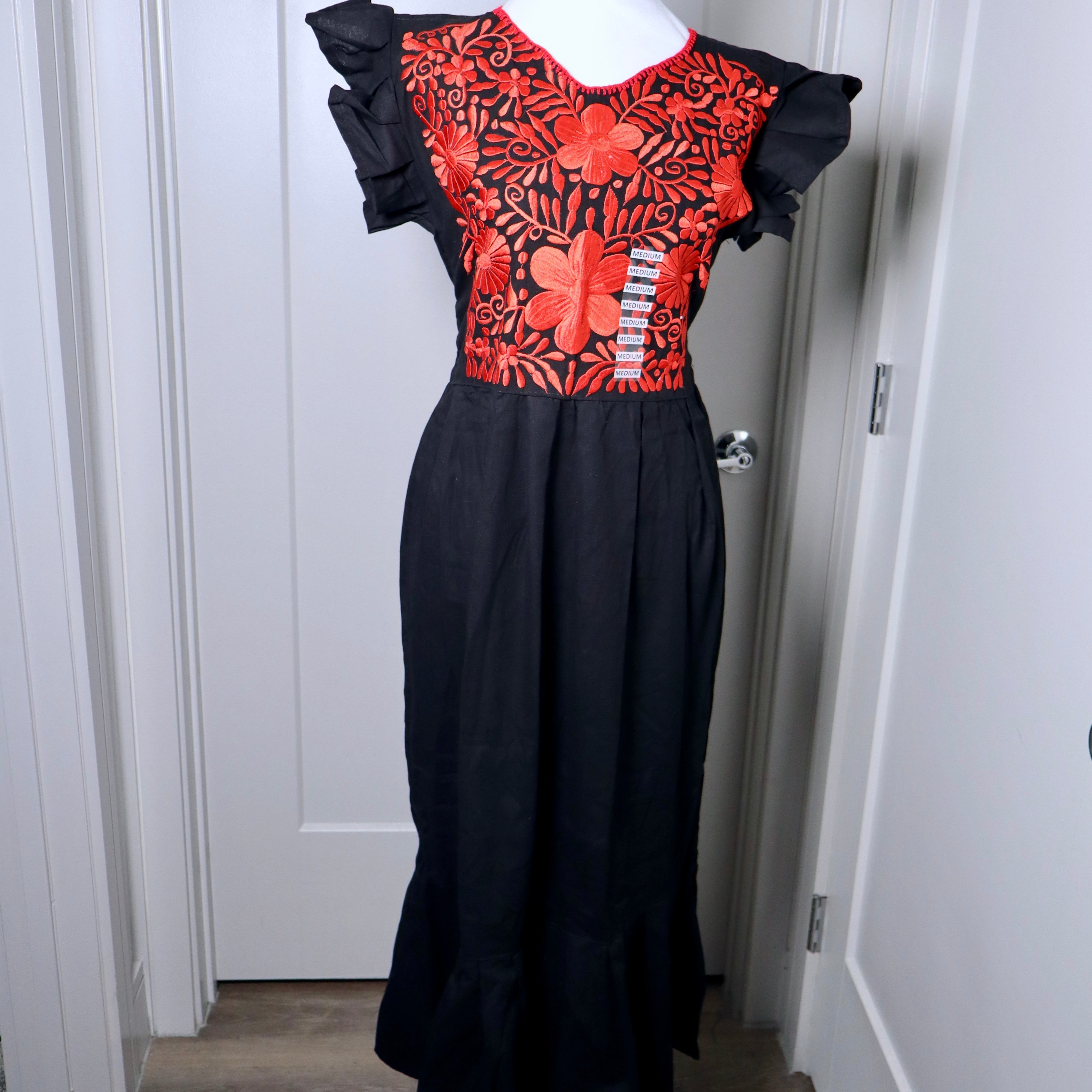 PALOMA DRESS - BLACK WITH RED EMBROIDERY