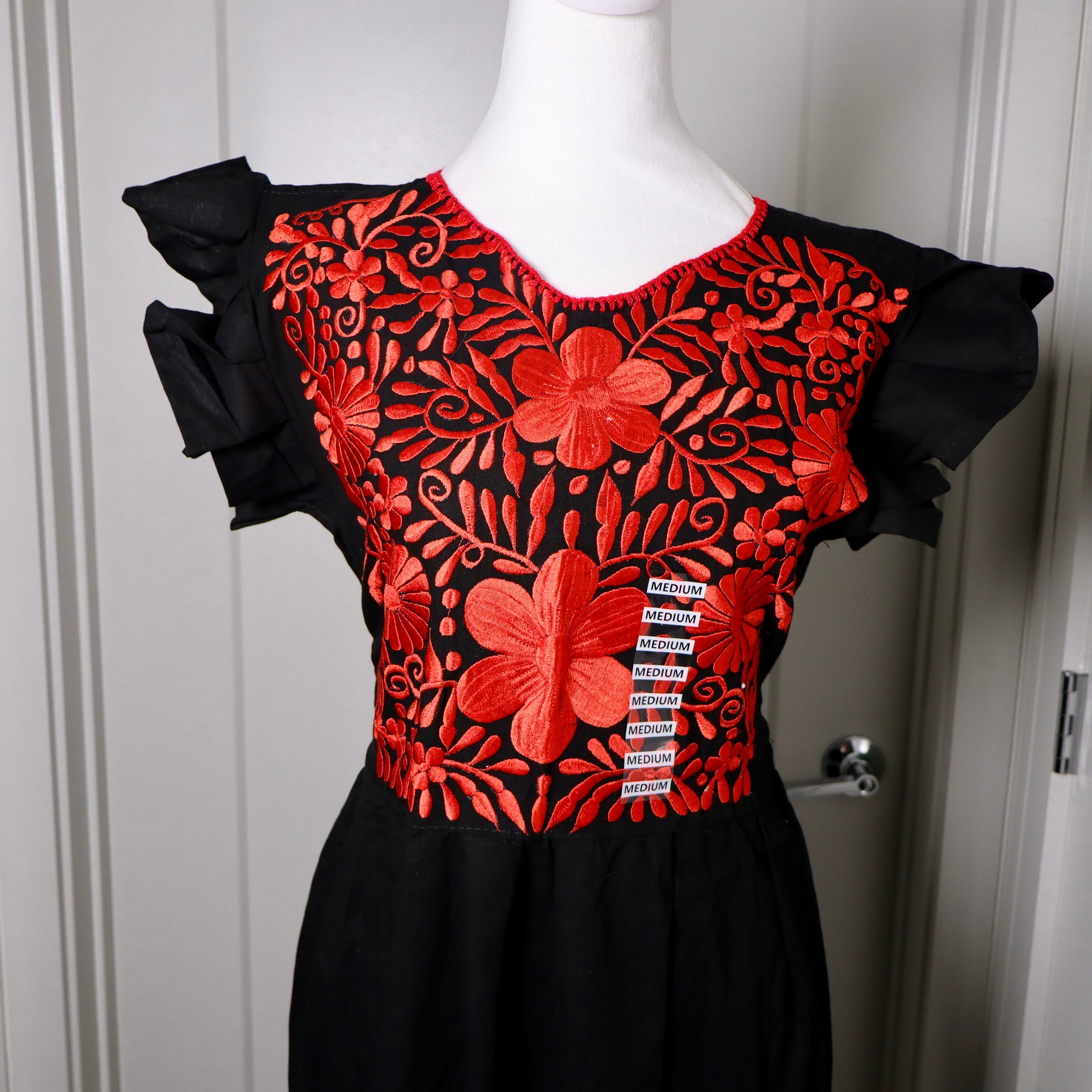 PALOMA DRESS - BLACK WITH RED EMBROIDERY